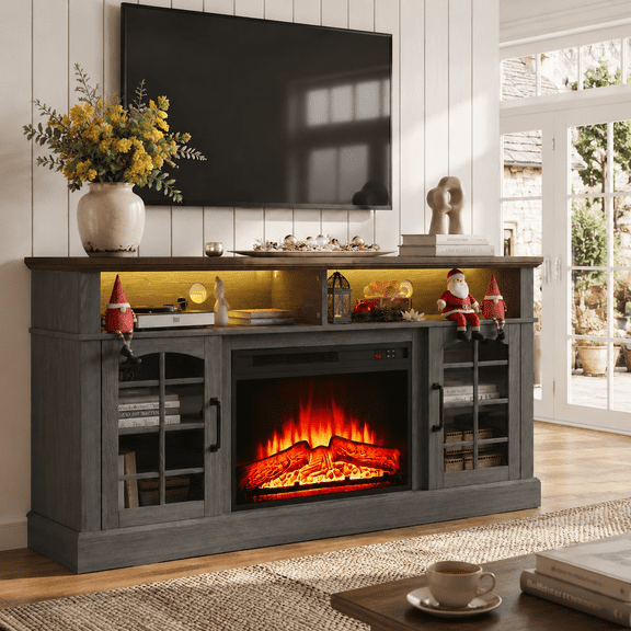 Paproos Fireplace TV Stand for 65 inch TV with LED Lights, 32.0in Tall TV Stand with 23'' Electric Fireplace, Entertainment Center for Living Room, 400 Sqt Heating Area, Brown Tabletop&Black Cabinet