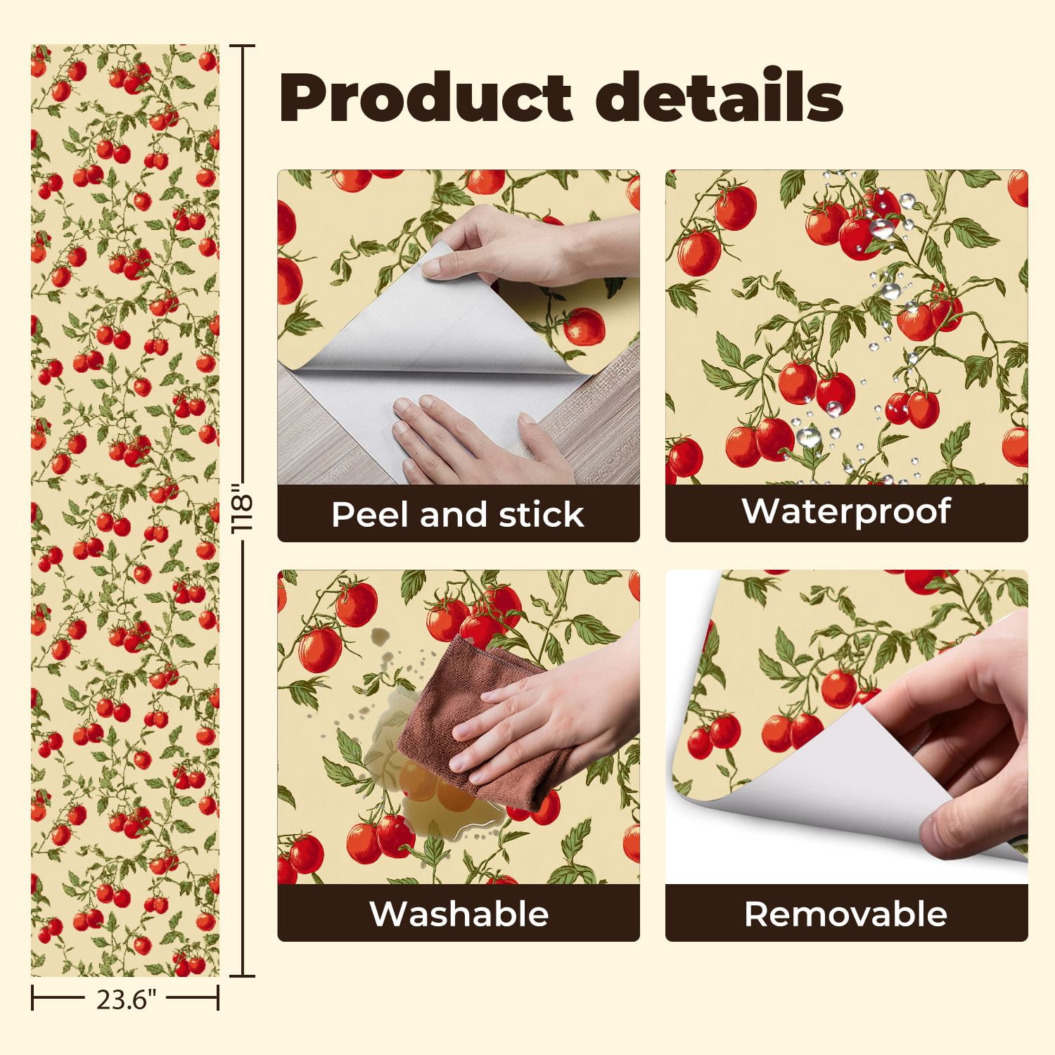 Peel and Stick Wallpaper Vintage Tomato Vine Red Tomatoes Cream floral Wall Mural 23.6in x 9.8ft Self Adhesive Removable Wall Paper Renter Friendly Wallpaper for Bedroom Kitchen Bathroom