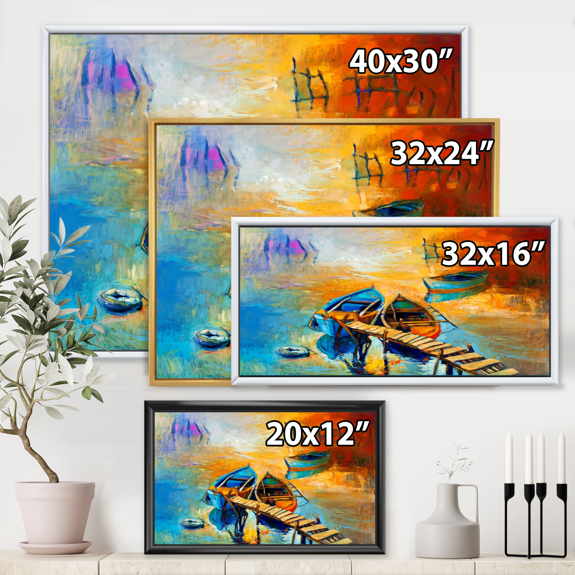 Designart 'Boat At The Lake During Evening Glow V' Nautical & Coastal Framed Canvas Wall Art Print