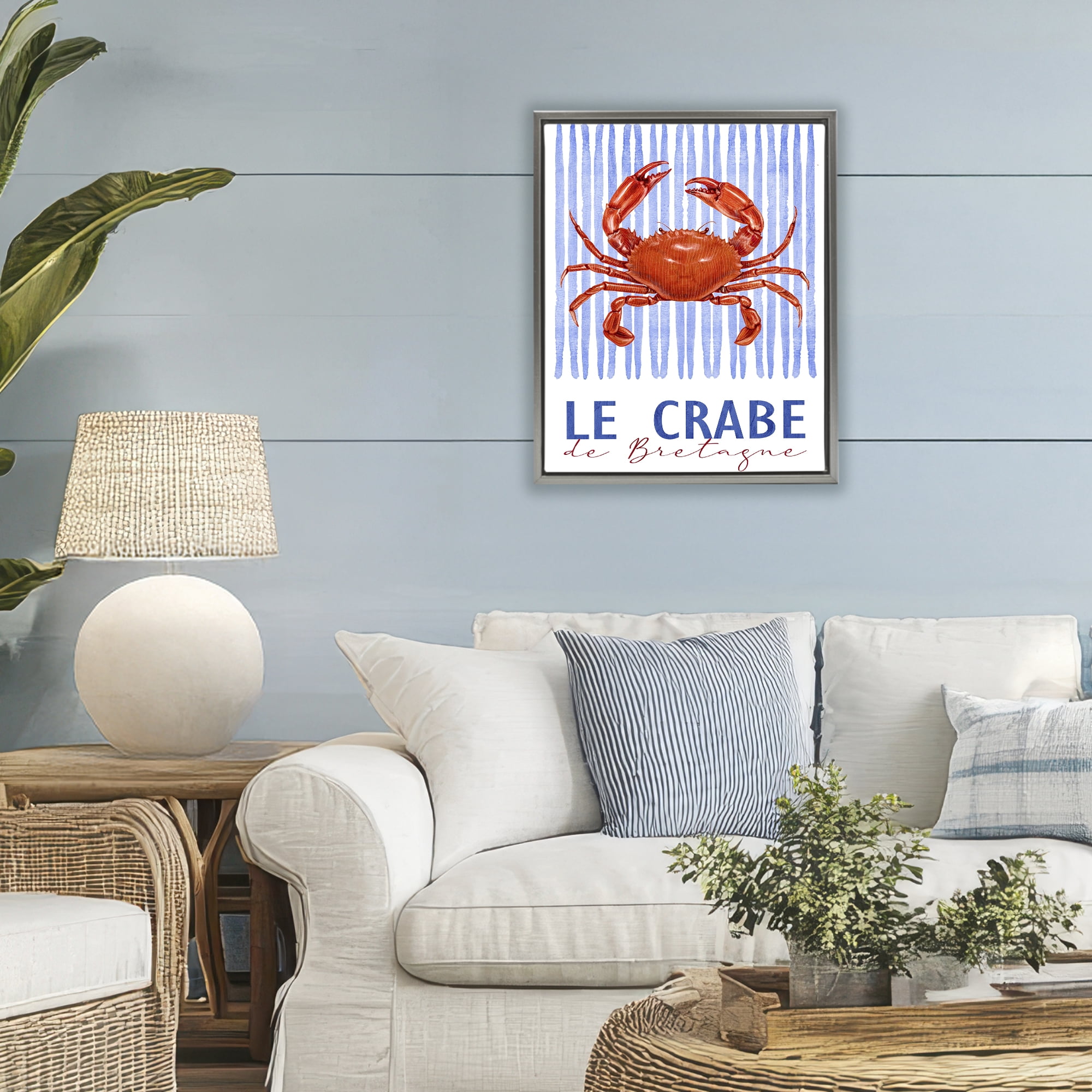 Stupell Industries Le Crabe Nautical Stripes Gray Framed Floater Canvas Wall Art, design by Kim Allen