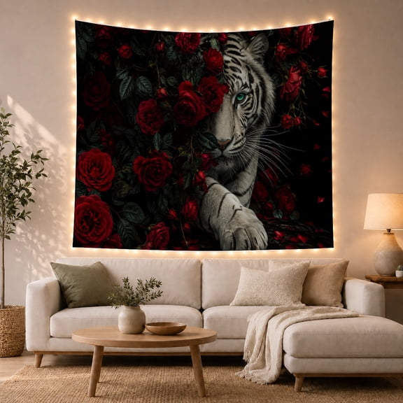 White Tiger Among Roses Against Black Background, Dramatic Gothic for Wildlife Enthusiasts, Wildlife Animal Art Print, Romantic Anniversary Gift, Tapestry Wall Hanging for Bedroom and Living Room