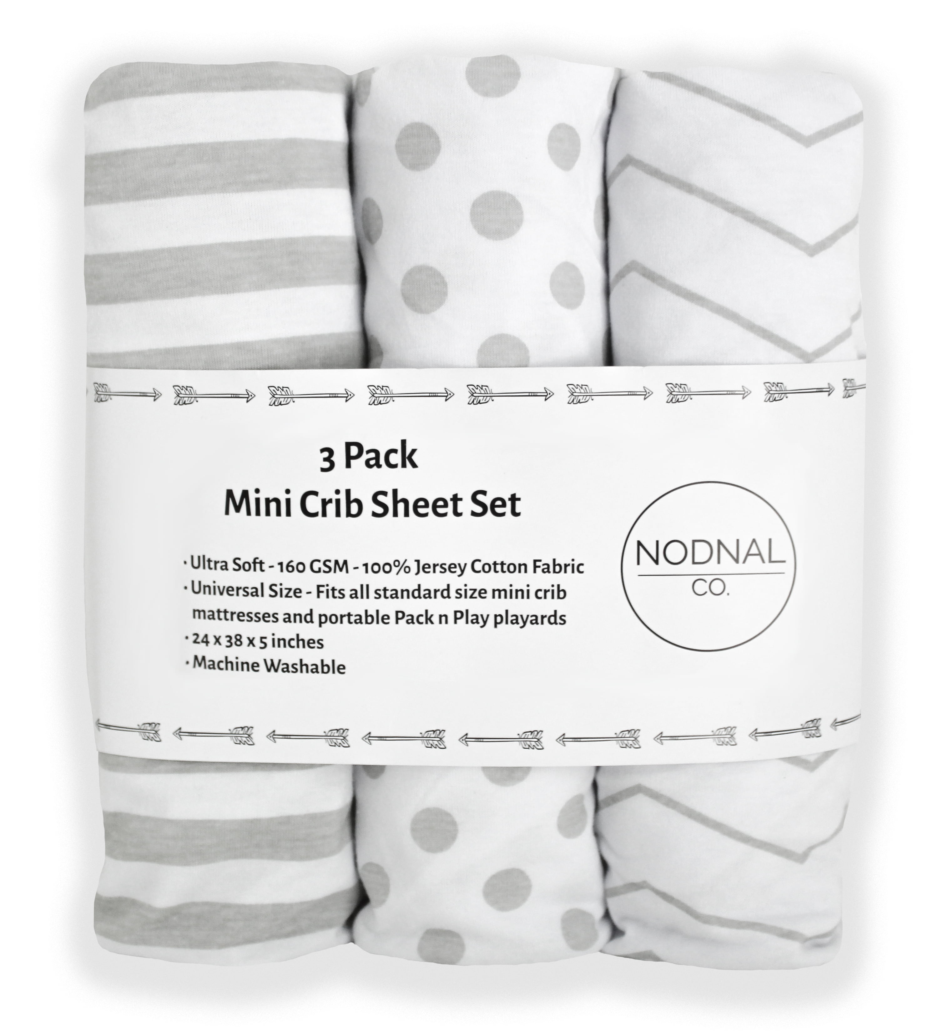 NODNAL CO Grey/White Chevron Polka Dot and Stripe 160 GSM Sheet Pack n Play Playard Portable Mini Crib Fitted Sheets Set 3 Pack 100% Jersey Knit Gray Cotton Pack and Play for Baby Girl/Boy Playpen