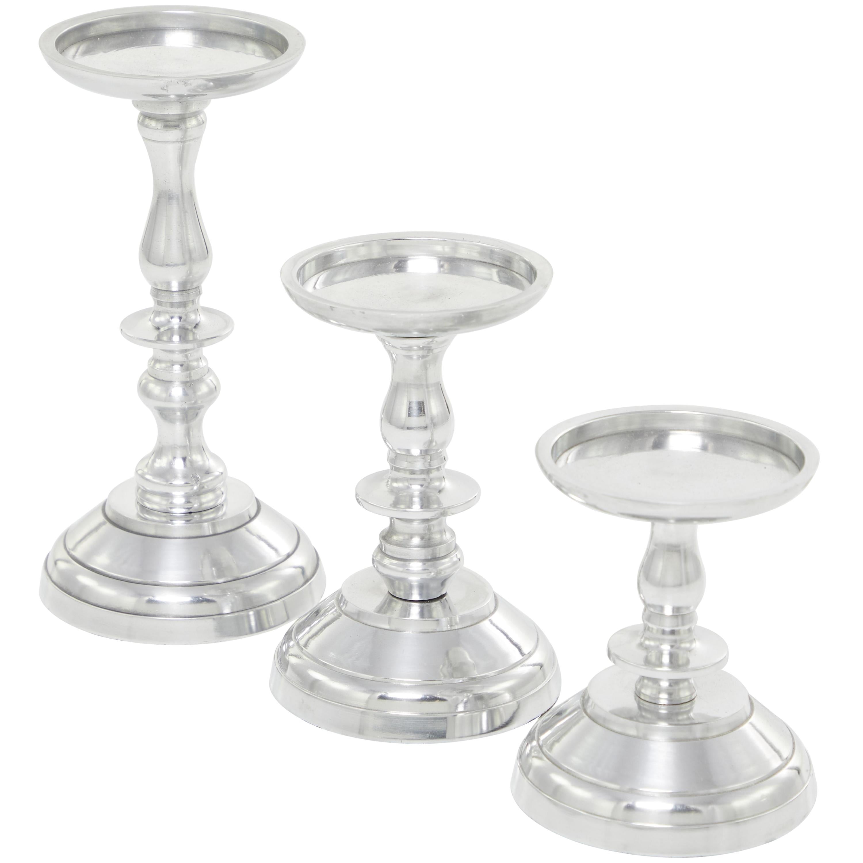 DecMode Traditional Aluminum Decorative Candle Holder, Set of 3 8", 6", 5"H with Polished Silver Finish