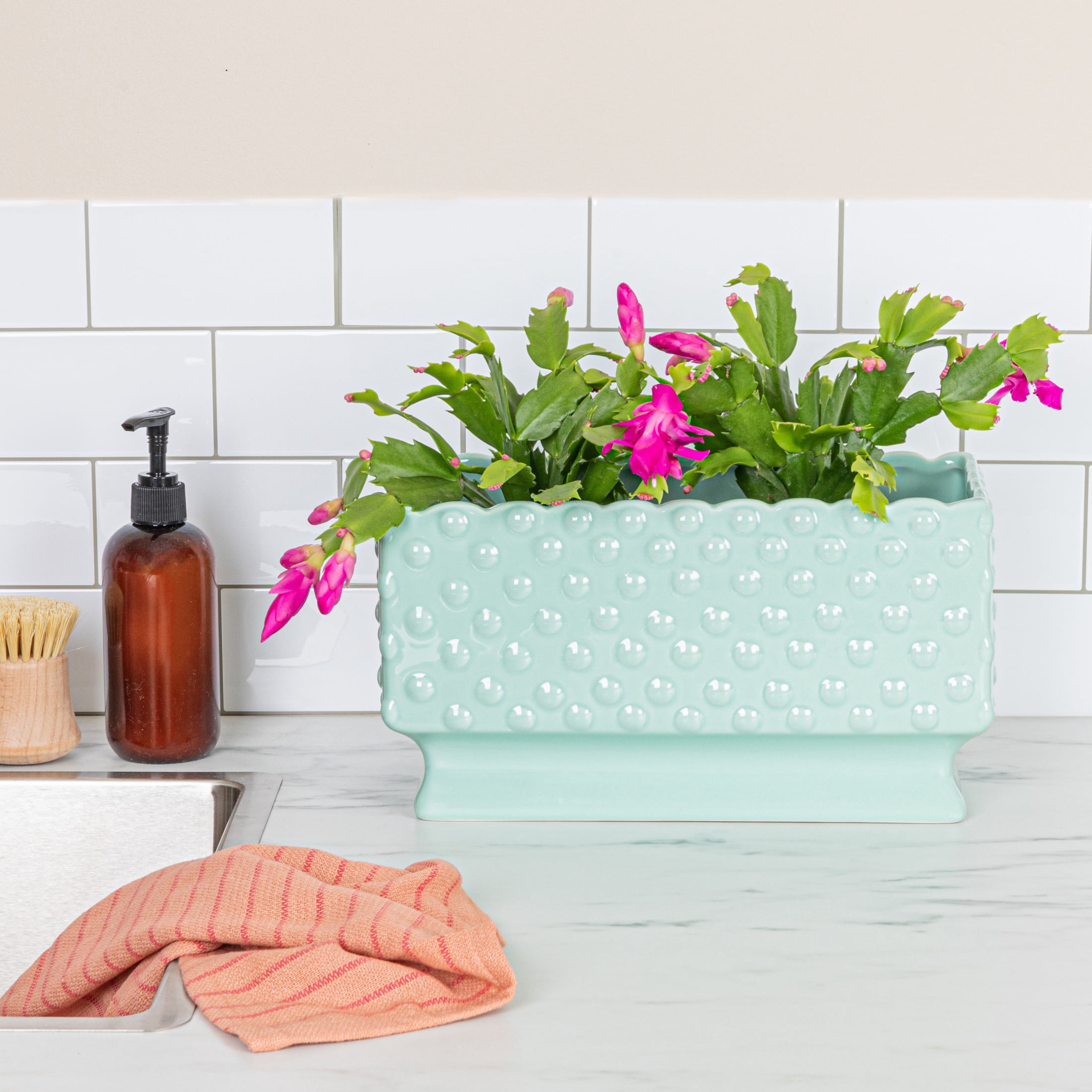 Creative Co-Op Ceramic Hobnail Planter with Scalloped Edge and Polka Dots, Mint