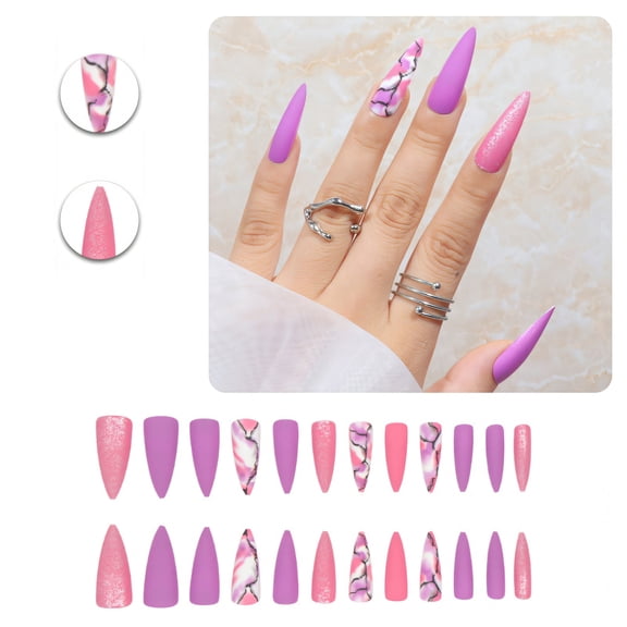 RAGUPEL 24Pcs Glue on Nails for Women,Hand-Drawn Lines Stiletto Press on Nails,Silver Glitter Press on Nails Long,Full Cover Nail Tips for Party,Daily Life,Taking Pictures,Dating,Style1
