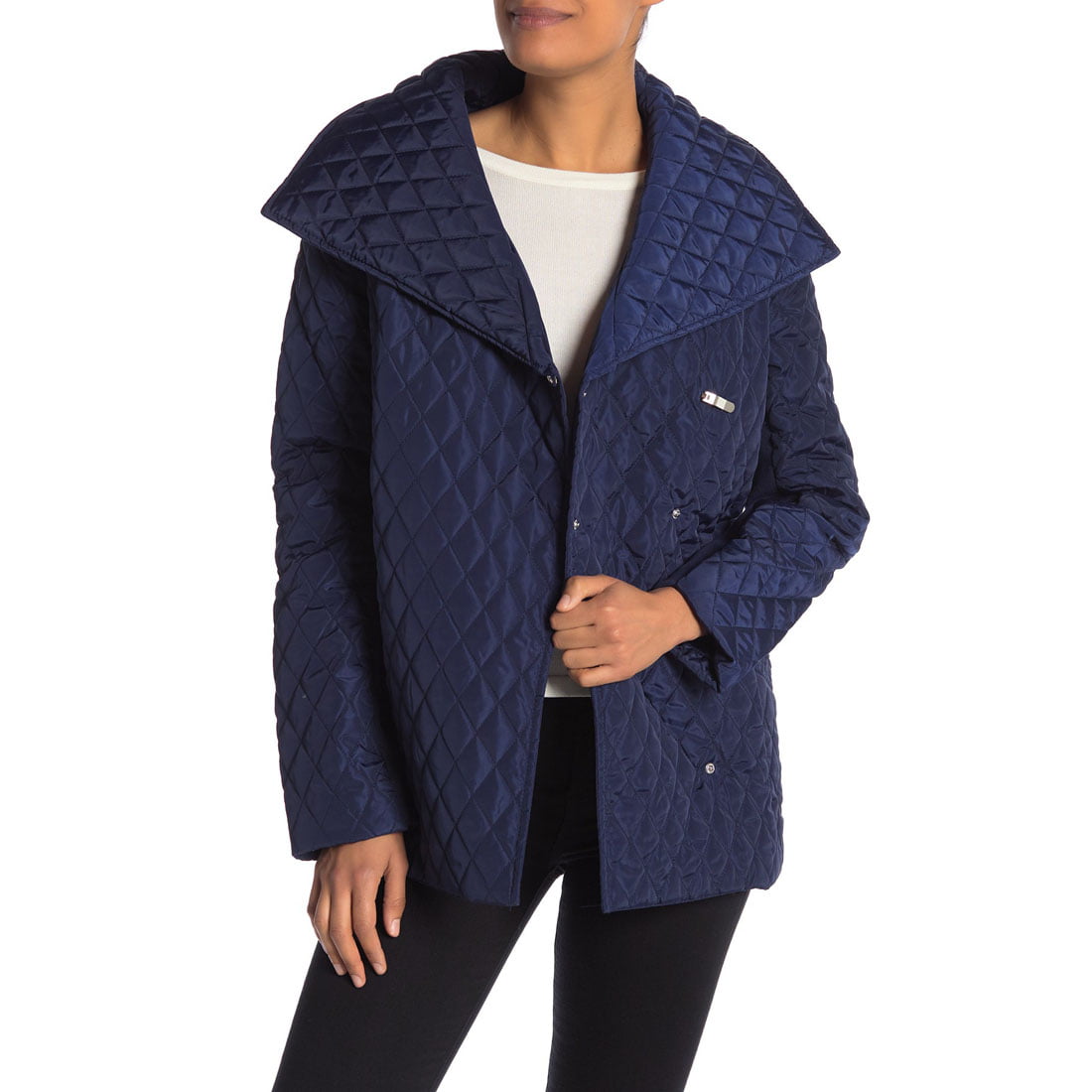 Coffeeshop - Coffee Shop Asymmetrical Belted Quilted Jacket, Sapphire ...