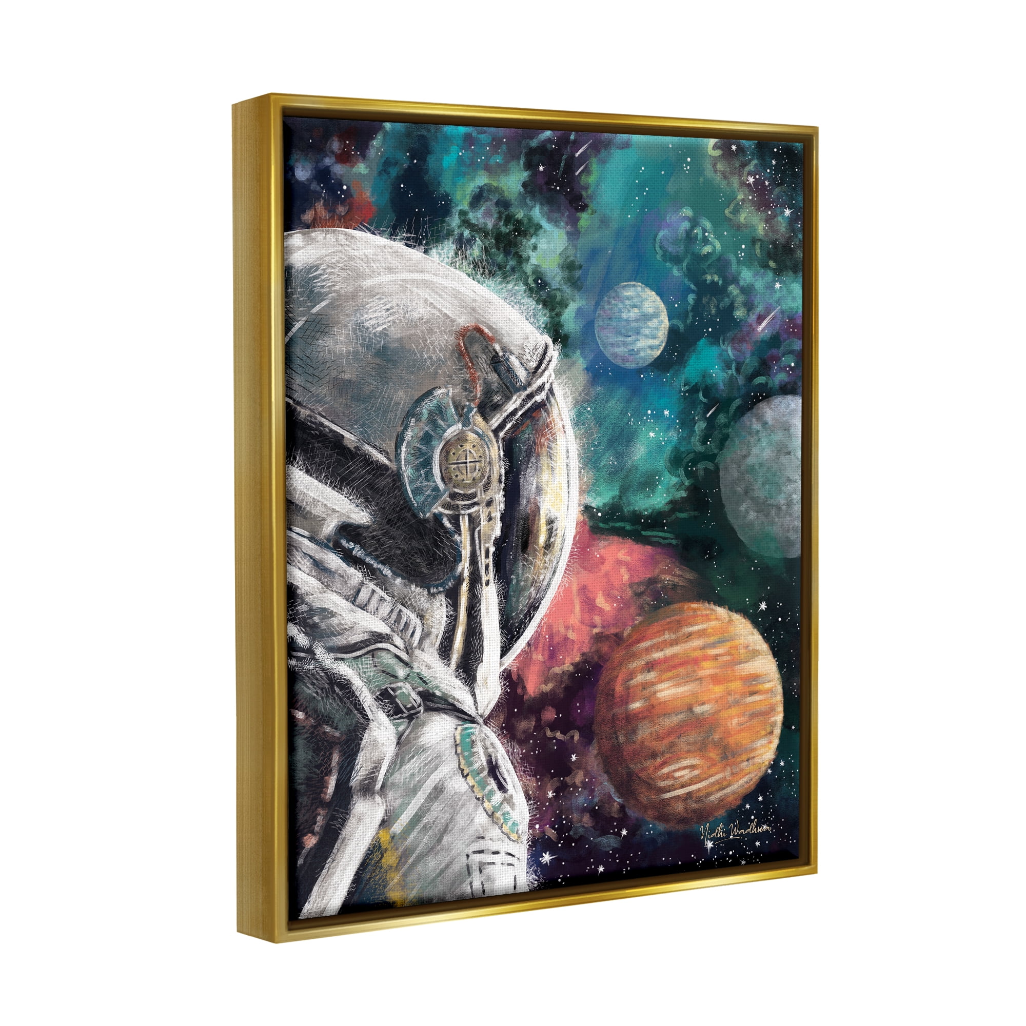Stupell Industries Astronaut & Outer Space Novelty Painting Gold Floater Framed Canvas Art Print Wall Art, 17 x 21