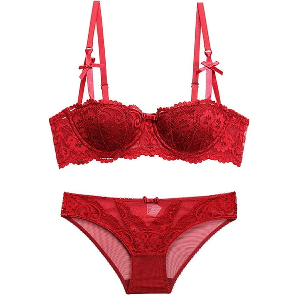 Gibobby Conjunto de lencería Sujetador de encaje Conjunto de sujetador de media copa con bordado de vid de estilo para mujer para cofres pequeños Push Up(Vino, 85D)