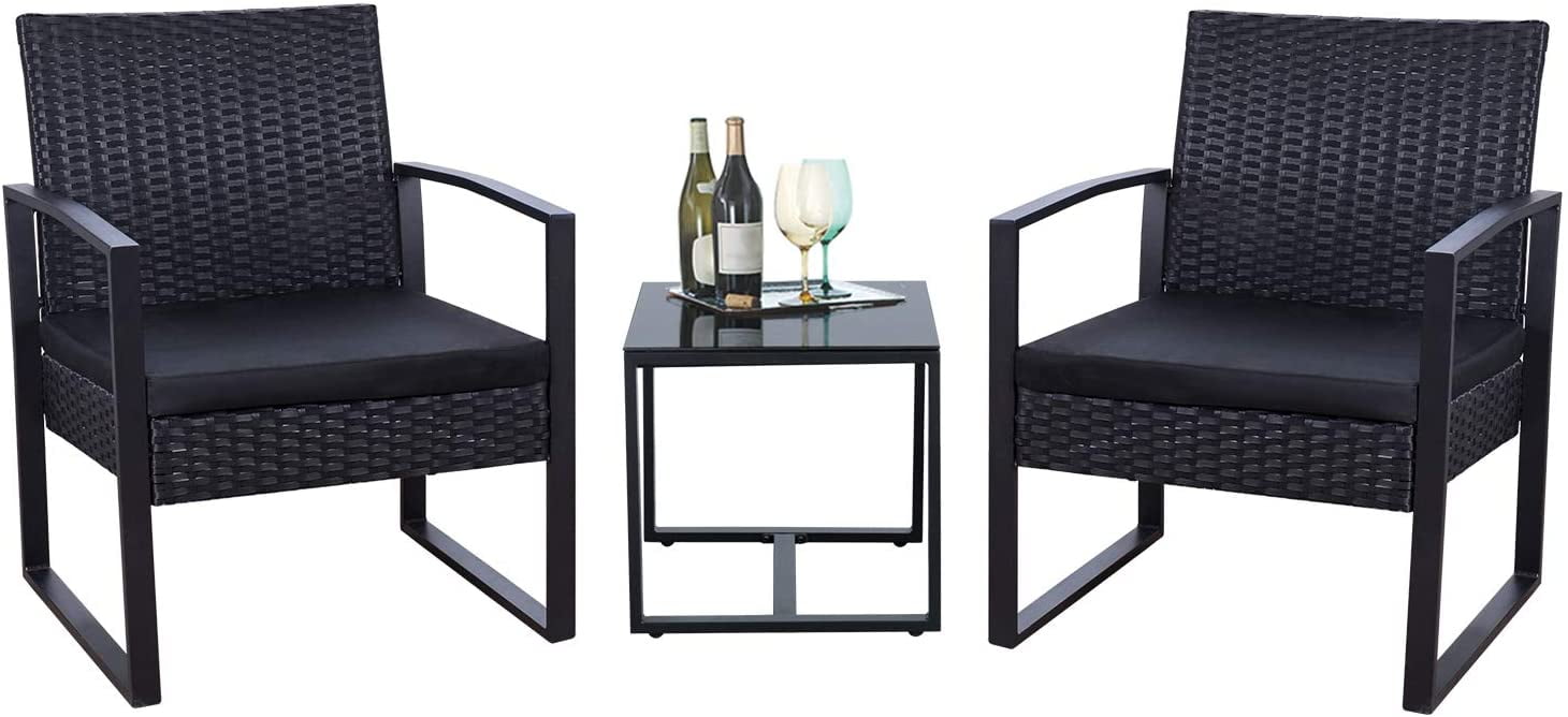 Devoko 3 Pieces Patio Conversation Set Cushioned PE Rattan Bistro Chairs with Table, Black