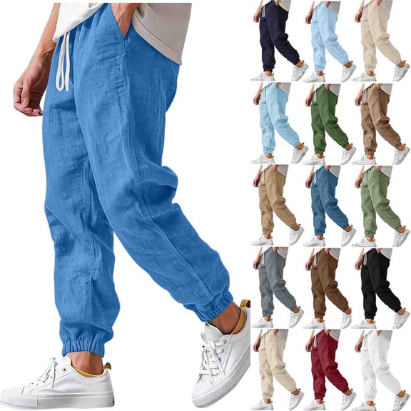 Men Jogger Pants Sevevn Lightweight Breathable Fabric Elastic Drawstring Waist Cuffed Ankle Slant Pockets Solid Trousers For Summer Beach Walking Daily Casual