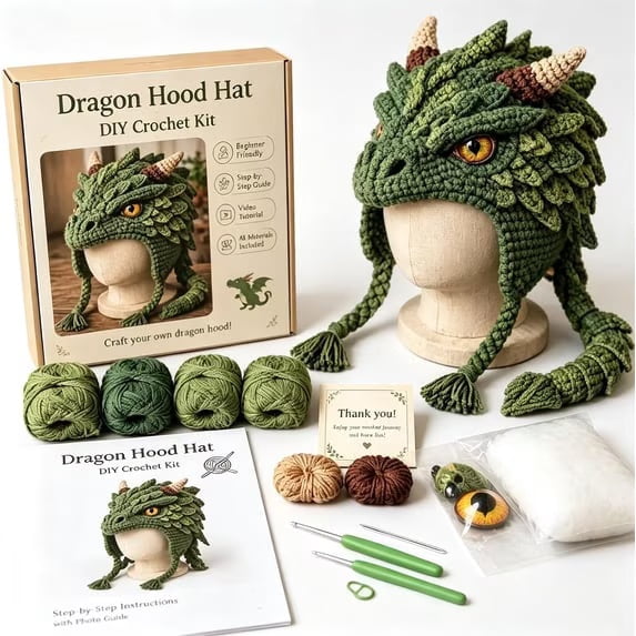 DIY Crochet Kit for Beginners, Hood Hat DIY Crochet Making Set with Fantasy Wearable Hood Hat Craft Set with Yarn, Creative Handmade Project and Relaxing Craft Activity,Mystic Green Dragon
