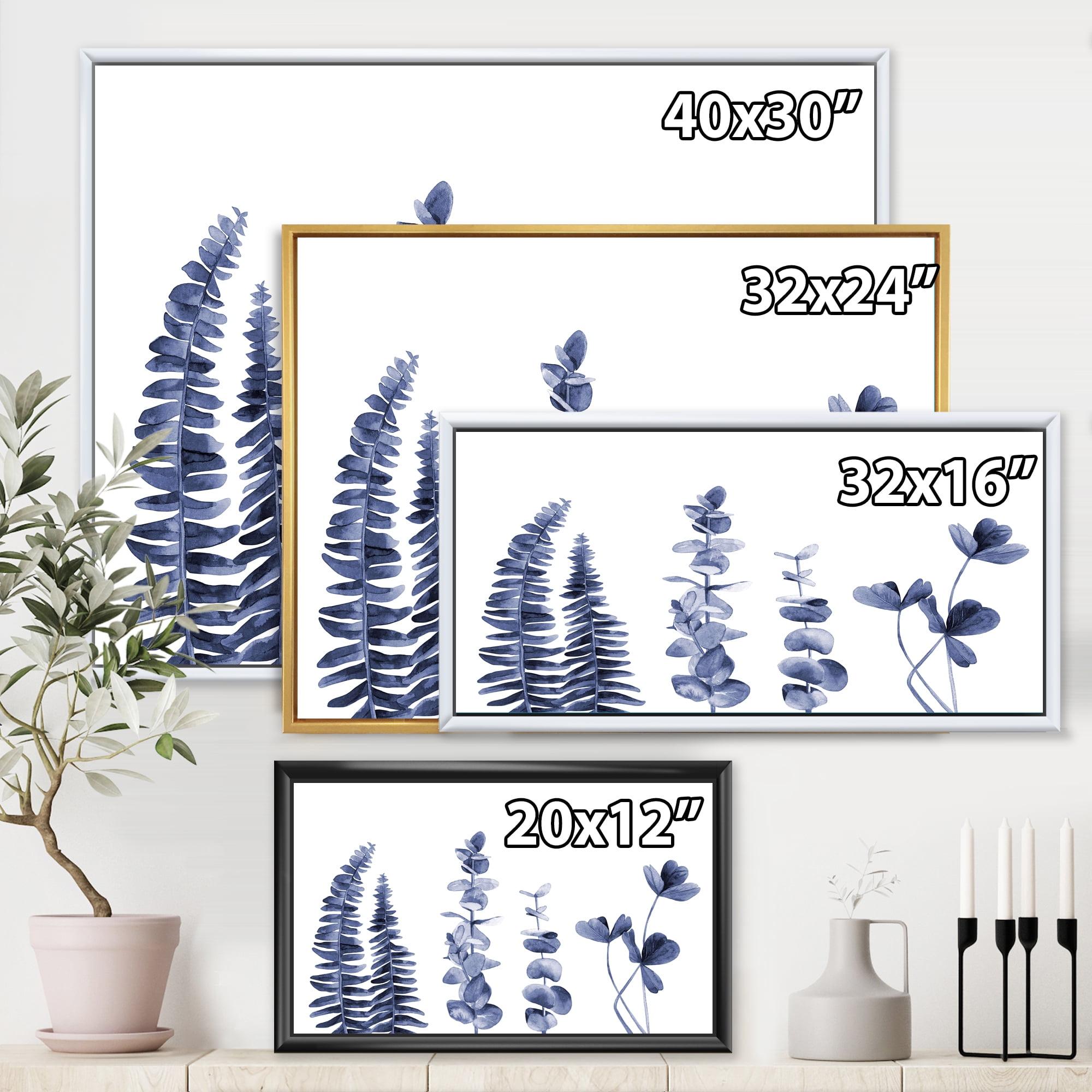 Designart 'Navy Blue Eucalyptus On White I' Traditional Framed Canvas Wall Art Print