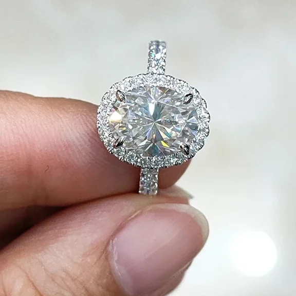 Perfect Proposal Engagement Ring, 14K White Gold Plated, Halo Diamond Wedding Ring, 2.1 Ct Oval Cut Simulated Diamond, Promise Anniversary Ring For Her
