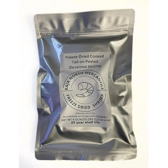 Whole Shrimp Freeze-Dried. 4oz makes 1lbs Rehydrated | 25 Year shelf life | Designed for Backpackers, Campers, Survivalist and Emergency Preparedness | Certified Food Safe Packaging | US Sourced