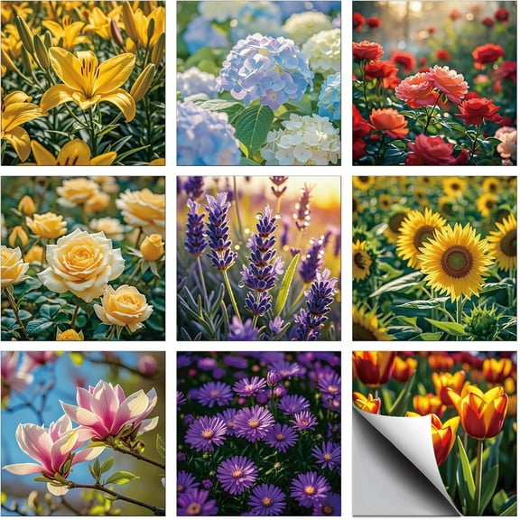 36 Pcs 9 Styles All Kind Flowers Patten Tile Sticker Roses Sunflowers Wall Tile Stickers Waterproof Self Adhesive Stick on Decals for Kitchen Bathroom Wall Art 4×4 Inch Colorful