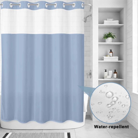 No Hook Shower Curtain, Pure Light Blue Shower Curtains for Bathroom with See Through Top Window, Simple Solid Color Waterproof & Washable Bath Curtain Extra Long 72"x84"