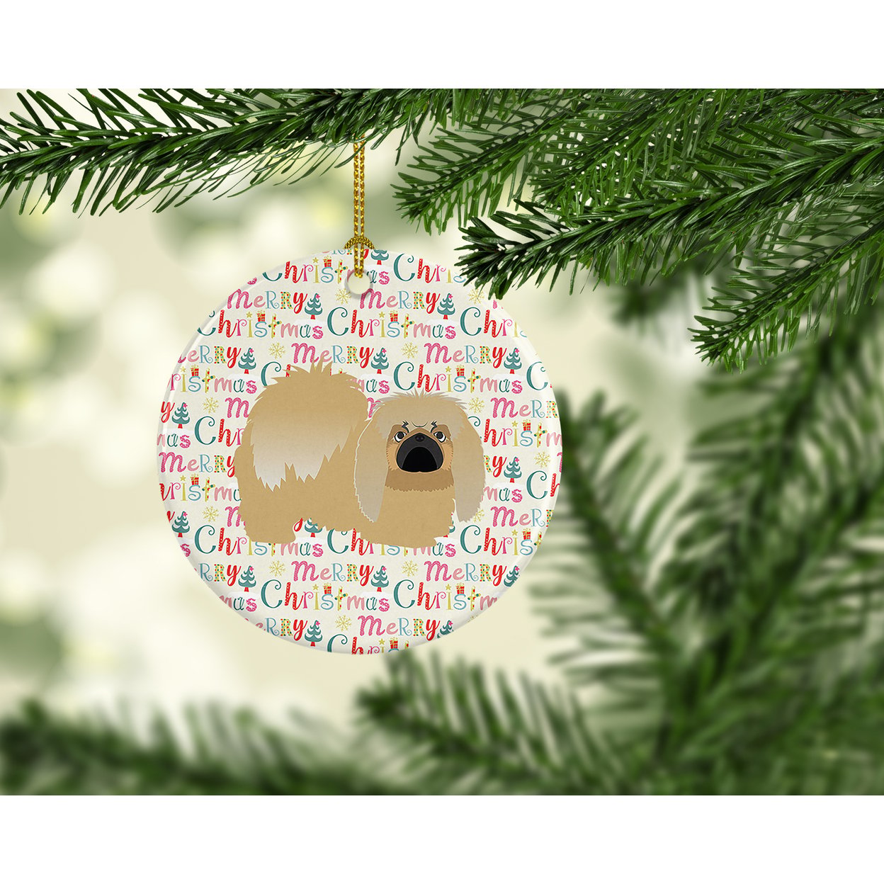 Pekingese Merry Christmas Ceramic Ornament 2.8 in x 2.8 in