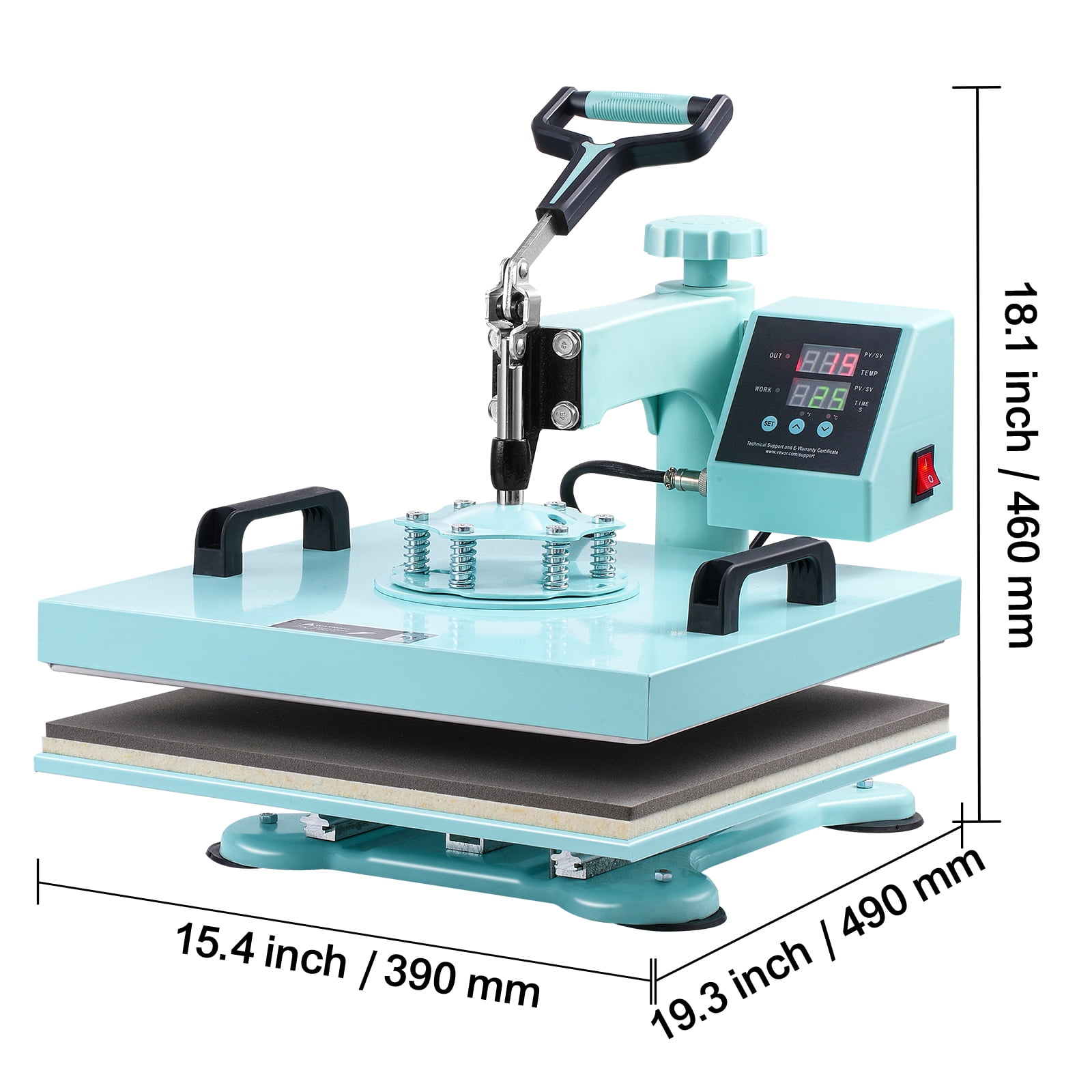 KFFKFF Heat Press, 15x15 inch, 5-in-1 Transfer Tool with 30 oz Cup Press, Swivels 360° for T-Shirt/Mug/Hat/Plate Crafting, Digital Control, Green
