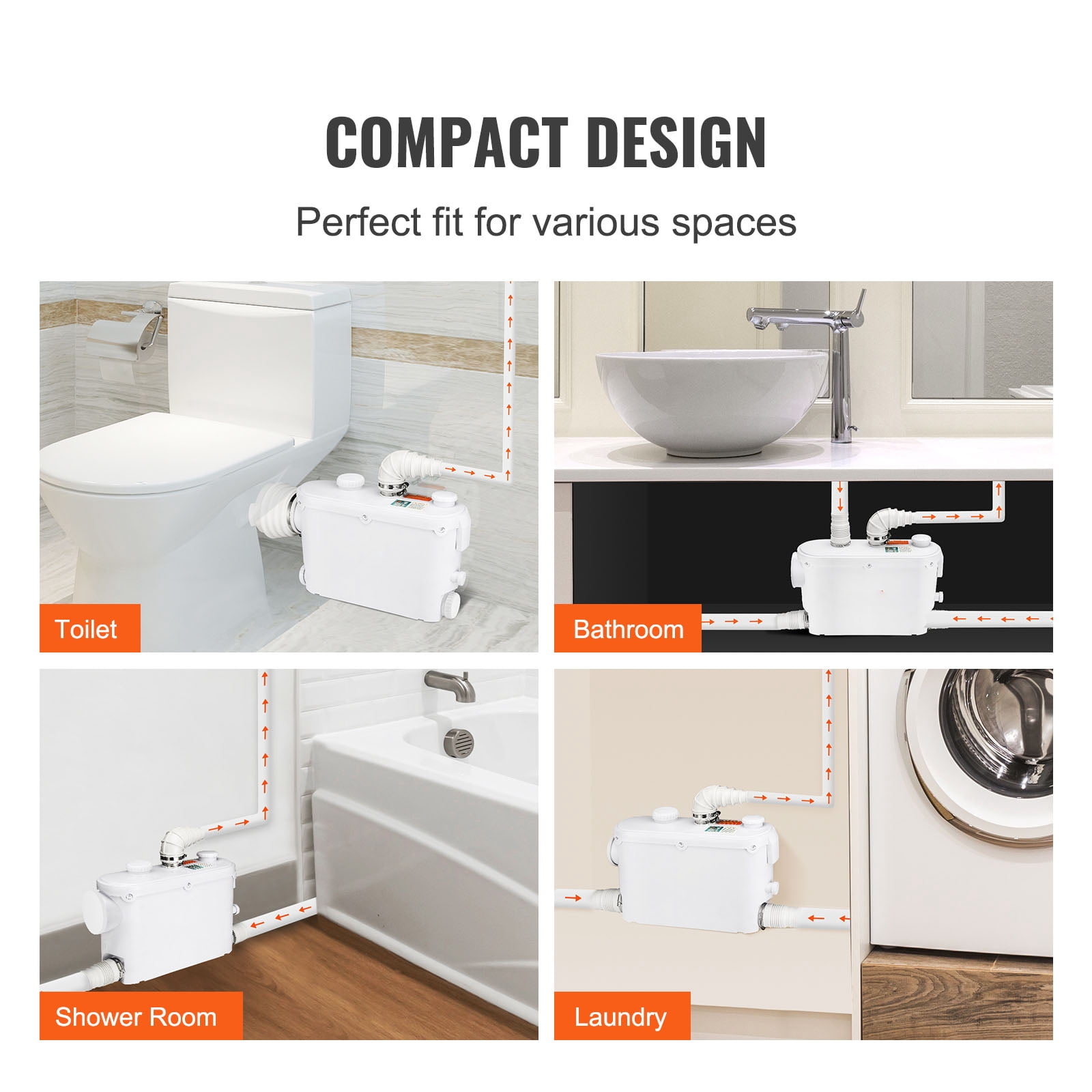 KFFKFF 500W Macerator Pump, 29 GPM Flow Rate, 26 ft/8 m Head, Wall-Mounted Toilet Pump with 4 Water Inlets, Upflush System for Waste Disposal in Toilets, Basements, Showers, Sinks, Laundry Areas