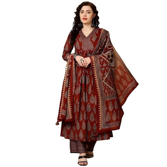 KLOSIA Women Viscose Printed Kurta Pant Dupatta Set - Indian Ethnic Traditional Wear Anarkali Kurta Set