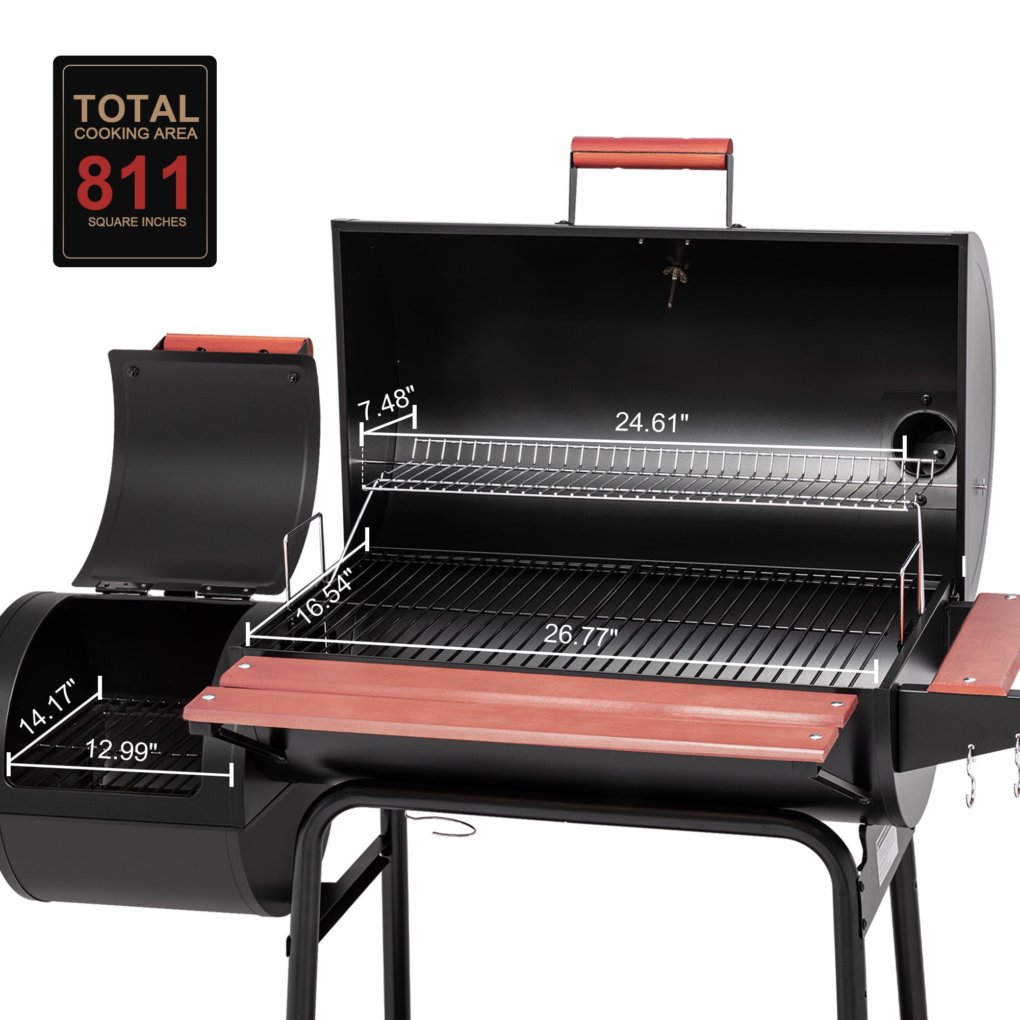 Royal Gourmet 30" Charcoal Barrel Grill with Offset Smoker, Adjustable Grates and Thermometer