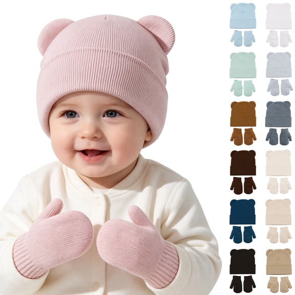 Lispipm Baby 2 Piece Bear Ear Beenie Hat and Mittens Stretchy Warm Winter Accessory Infant Toddler Kids Indoor Outdoor Knit Set Red 6-36 Months