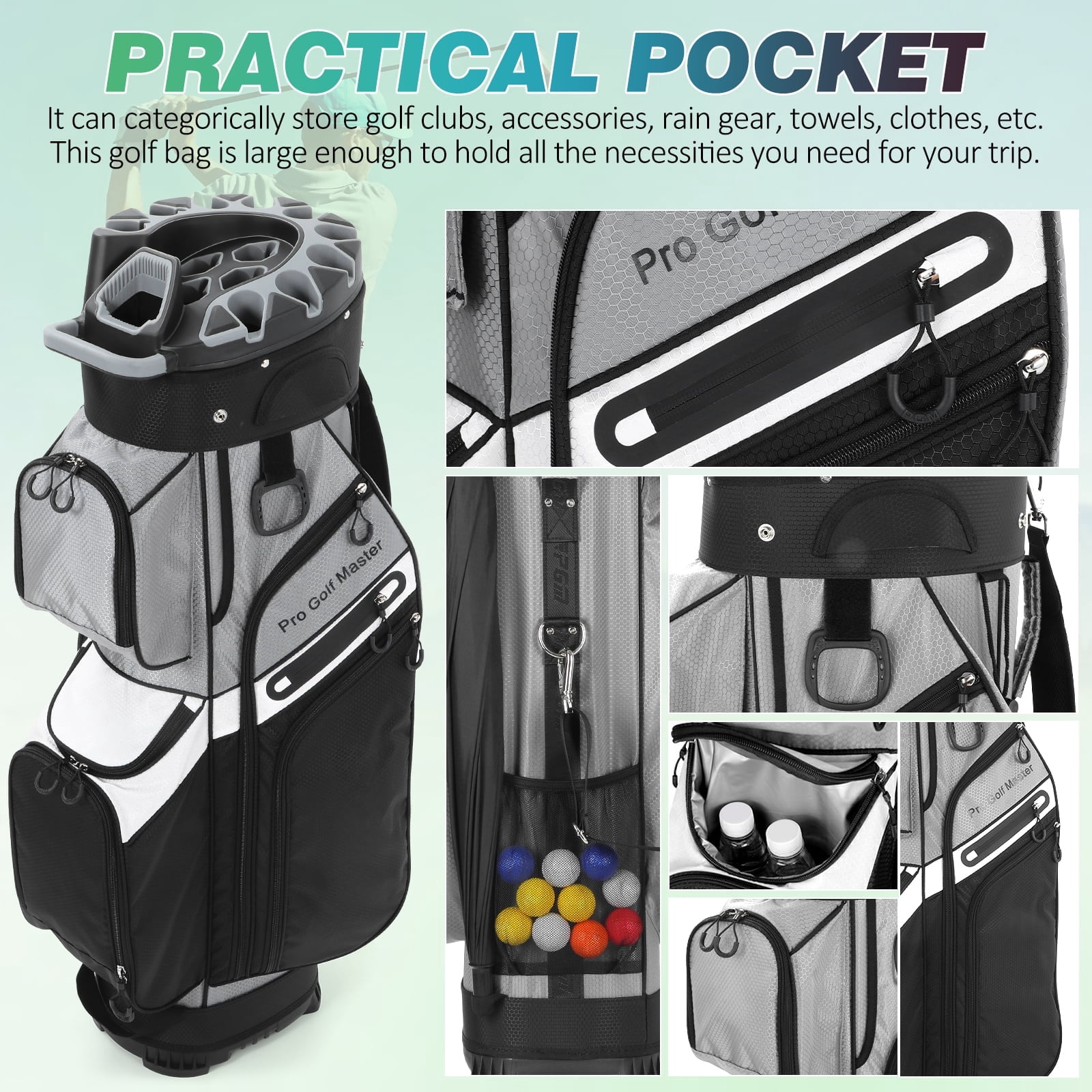 Hemoton Professional Golf Cart Bag Black with Weather Resistant Nylon and Efficient Club Storage