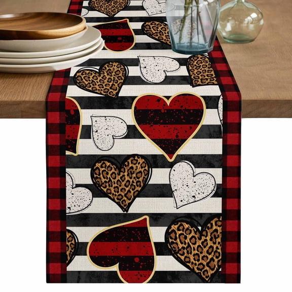 Valentine's Day Cotton Linen Table Runner for Dining Kitchen, Black Red Strip Love Hearts Plaid Wedding Outdoor Party Tablerunners Decoration, Dresser Scarf Coffee Tablecloth Runners 13x72 Inches