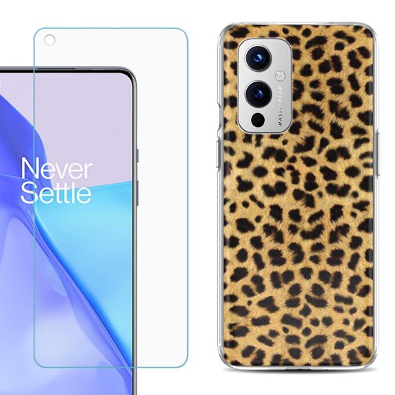 Slim-Fit TPU Phone Case Compatible with OnePlus 9 5G, with Tempered Glass Screen Protector, by OneToughShield ® - Cheetah Gold/Black