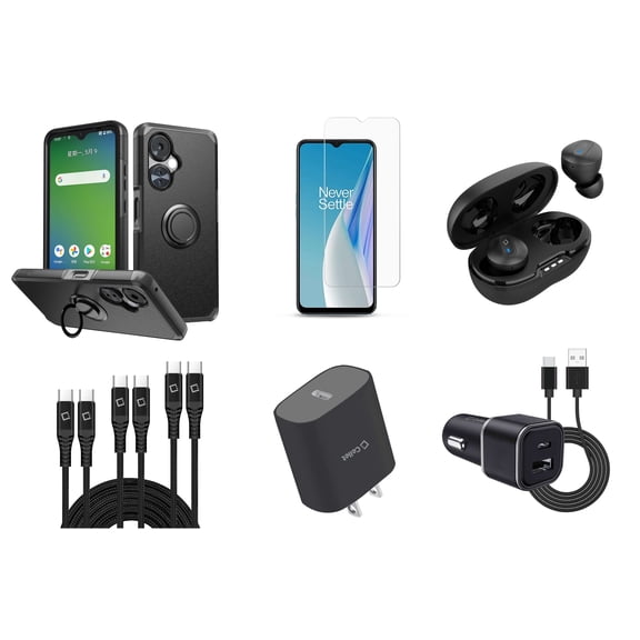 Accessories Bundle for OnePlus Nord N30 5G - Protective Stand Holder Phone Case (Black) with Screen Protectors, Wireless Earbuds, Car Charger, Wall Charger, USB Cables (3ft, 6ft, 10ft)