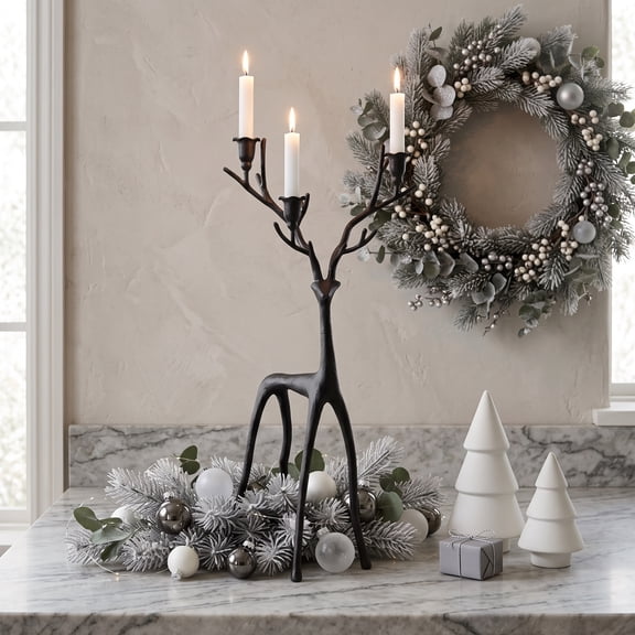 18.11" Tall Black Reindeer Candle Holder - 3 Arm Metal Deer Antler Candelabra for for 3/4" & 0.86" Taper Candles Taper Candles Vintage Christmas Holiday Mantel Table Centerpiece Decor
