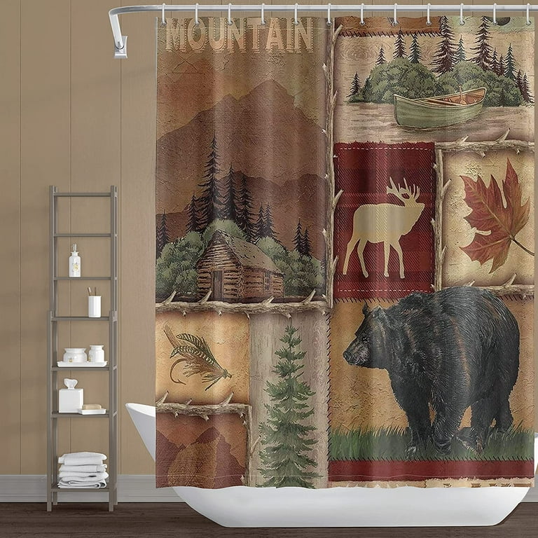 Cabin Shower Curtain Maple Leaf Fishing Moose Deer Bear Country Rustic Shower  Curtains Waterproof Bath Curtain,72x72 inch 