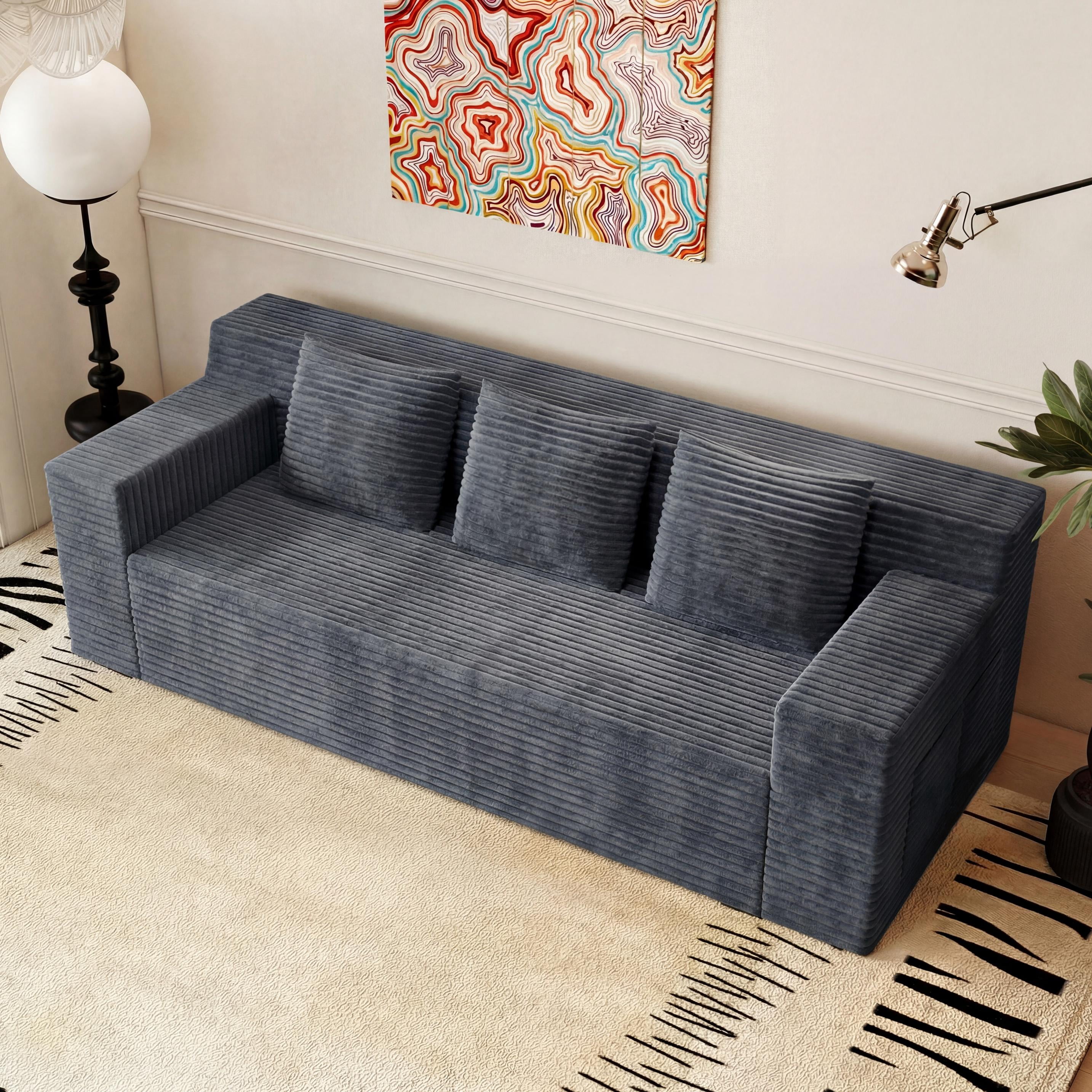 HSUNNS 71" 3 Setaser Sofa, Comfy Extra Deep Seat 3 Seater Couch for Living Room with Soft Upholstered, Free 3 Pillows and Side Pockets, No Assembly Required, Dark Grey
