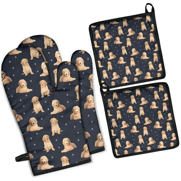 Goldendoodle Dog Kitchen Oven Mitt and Pot Holder Sets 2 Pcs for Baking, Cooking and Grilling, Heat Resistant Up To 392 °F
