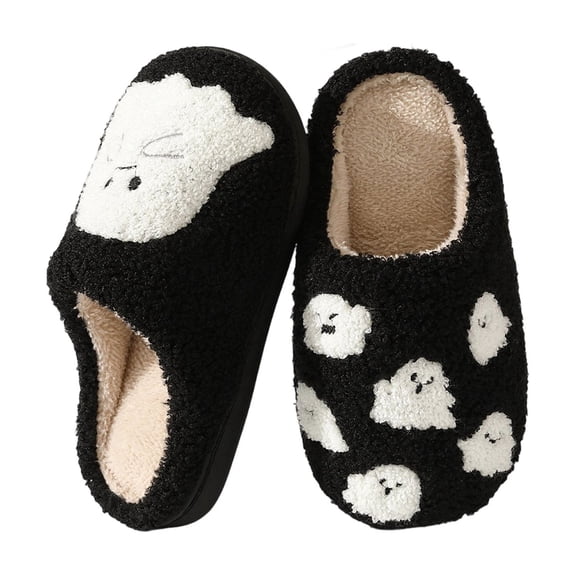 KEVCHE Halloween Ghost Plush Cotton Slippers for Men Women,Christmas Fluffy Warm Cozy Indoor House Shoes with Anti-Slip Sole, Lightweight Winter Slippers Plus Size Available