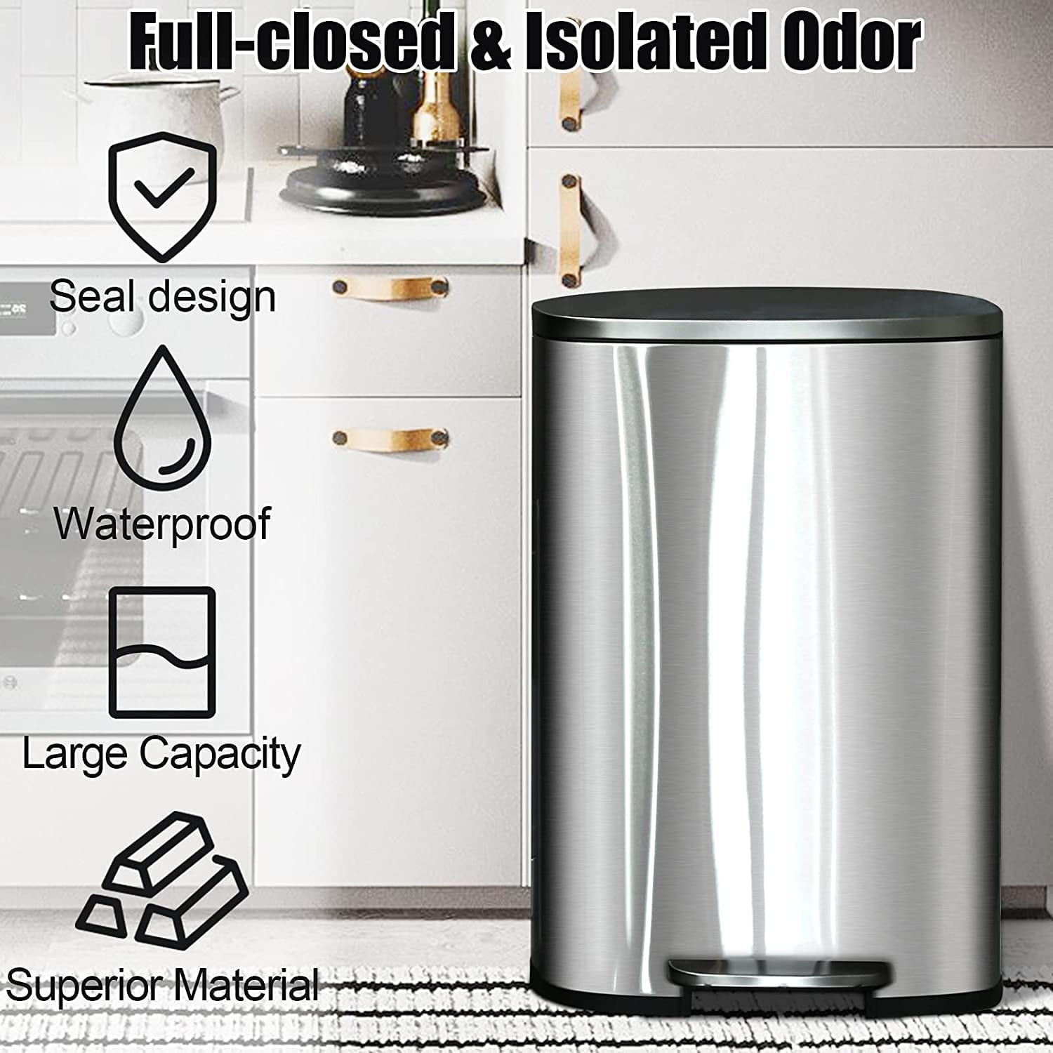 NiamVelo 13 Gallon Kitchen Trash Can with Lid, Metal Step on Trash Can Stainless Steel Trash Can Touchless Garbage Bin for Office Bedroom Bathroom , Silver