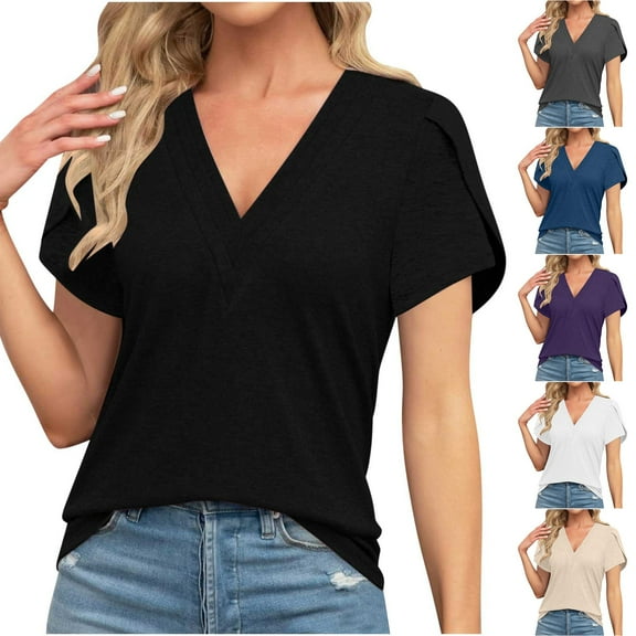Aboser Womens Cotton T Shirts Casual V Neck Basic Tees Short Sleeve Summer Tops Soft Cozy T-Shirt Solid Color Loose Fitted Tee Top 2026 Ladies Shirts