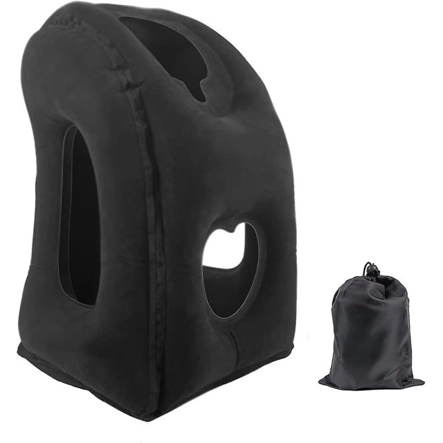 (Negro) Almohada de viaje inflable, cojín inflable multiusos, almohada de viaje con soporte para la cabeza, almohada de cuello multifunción para dormir en el avión