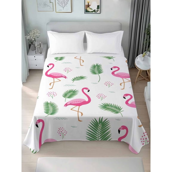 Pink Flamingos Queen Size Flat Sheet, Wrinkleproof & Fadeproof Cooling Flat Bed Sheet Only, Summer Green Tropical Palm Leaves Breathable Soft Bedding Top Sheets 90 x 102 Inches