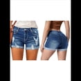 thumbnail image 1 of Shorts Vaqueros Desgastados de Tiro Medio-Alto para Mujer, con Bolsillos y Dobladillo Doblado, Informales, de Verano Azul Oscuro M, 1 of 5
