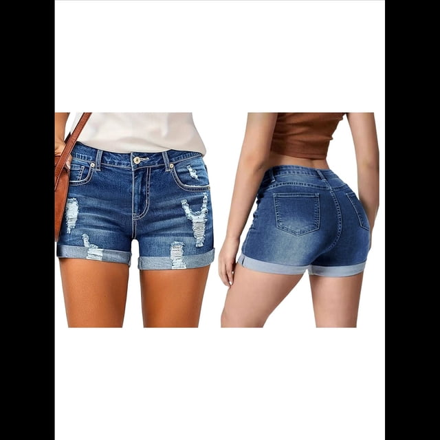 Shorts Vaqueros Desgastados de Tiro Medio-Alto para Mujer, con Bolsillos y Dobladillo Doblado, Informales, de Verano Azul Oscuro M