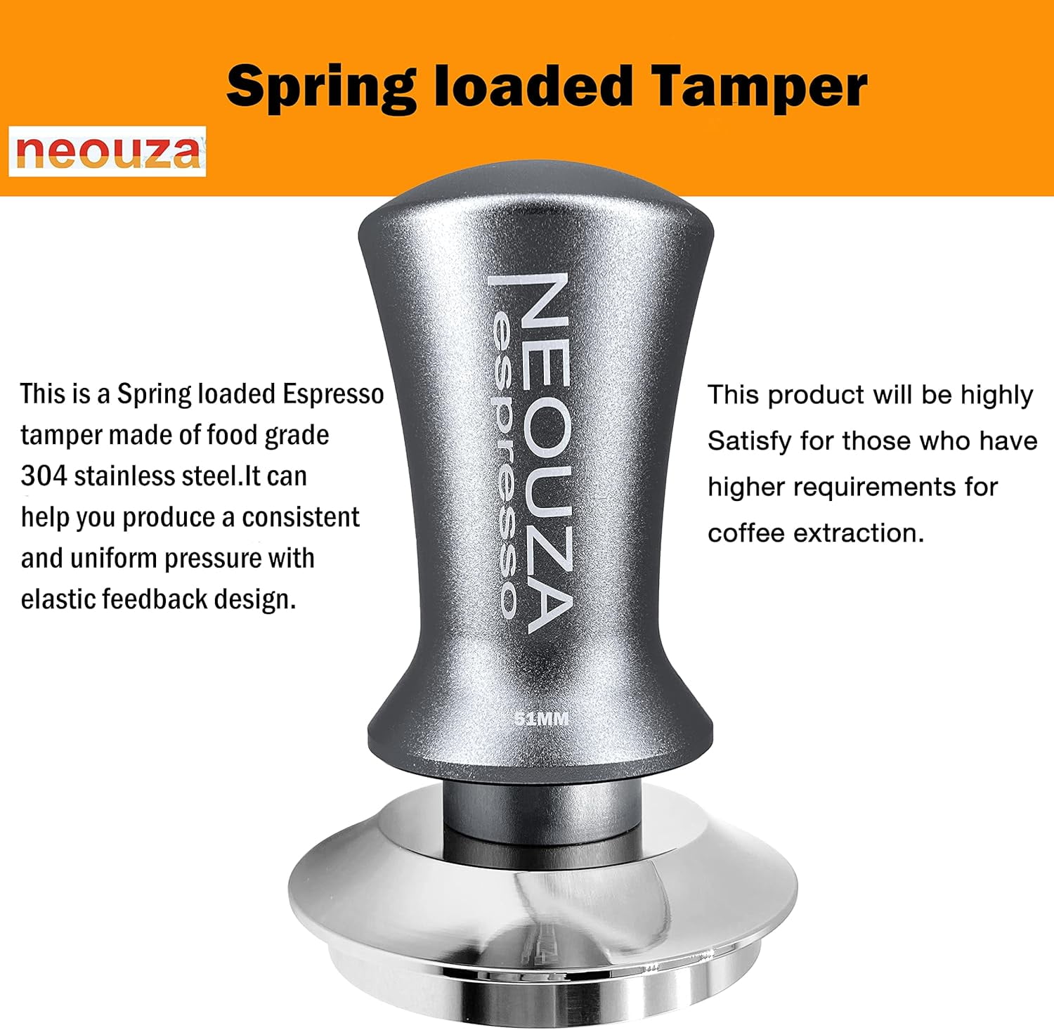 NEOUZA 51mm Calibrated Espresso Tamper - Self-Leveling, Anti-Stick, 304 Stainless Steel