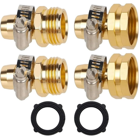 Garden Hose Repair Connector with Clamps, 5/8" Barb x 3/4" GHT Thread Aluminum Water Hose Pipe Repair Kit, Female and Male Hose Connectors with Stainless Steel Clamp, 2 Pack