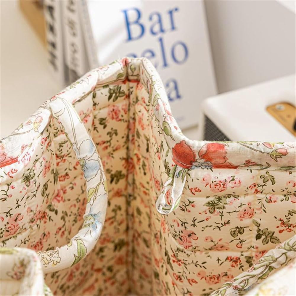 Eagerlyous/Eagerlyus Boho Fabric Storage Basket, Boho Laundry Basket with Handle, Large Capacity Tote Bag with Front Pocket, Foldable Square-Shaped Floral Storage Basket Home Organizatio