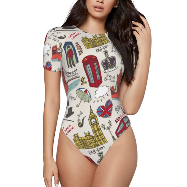 Balery London Landmark1 Body de cuello redondo de manga corta para mujer Tops de manga corta Tops básicos-X-Large