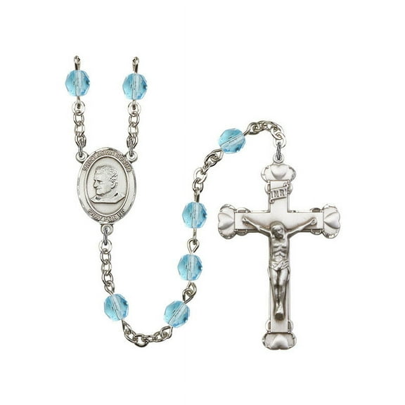 St. John Bosco Silver-Plated Rosary 6mm March Light Blue Fire Polished Beads Crucifix Size 1 5/8 x 1 medal charm