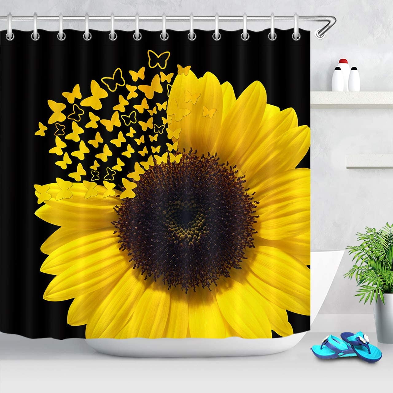 African American Black Girl Sunflowers Waterproof Fabric Shower Curtain Set 72"