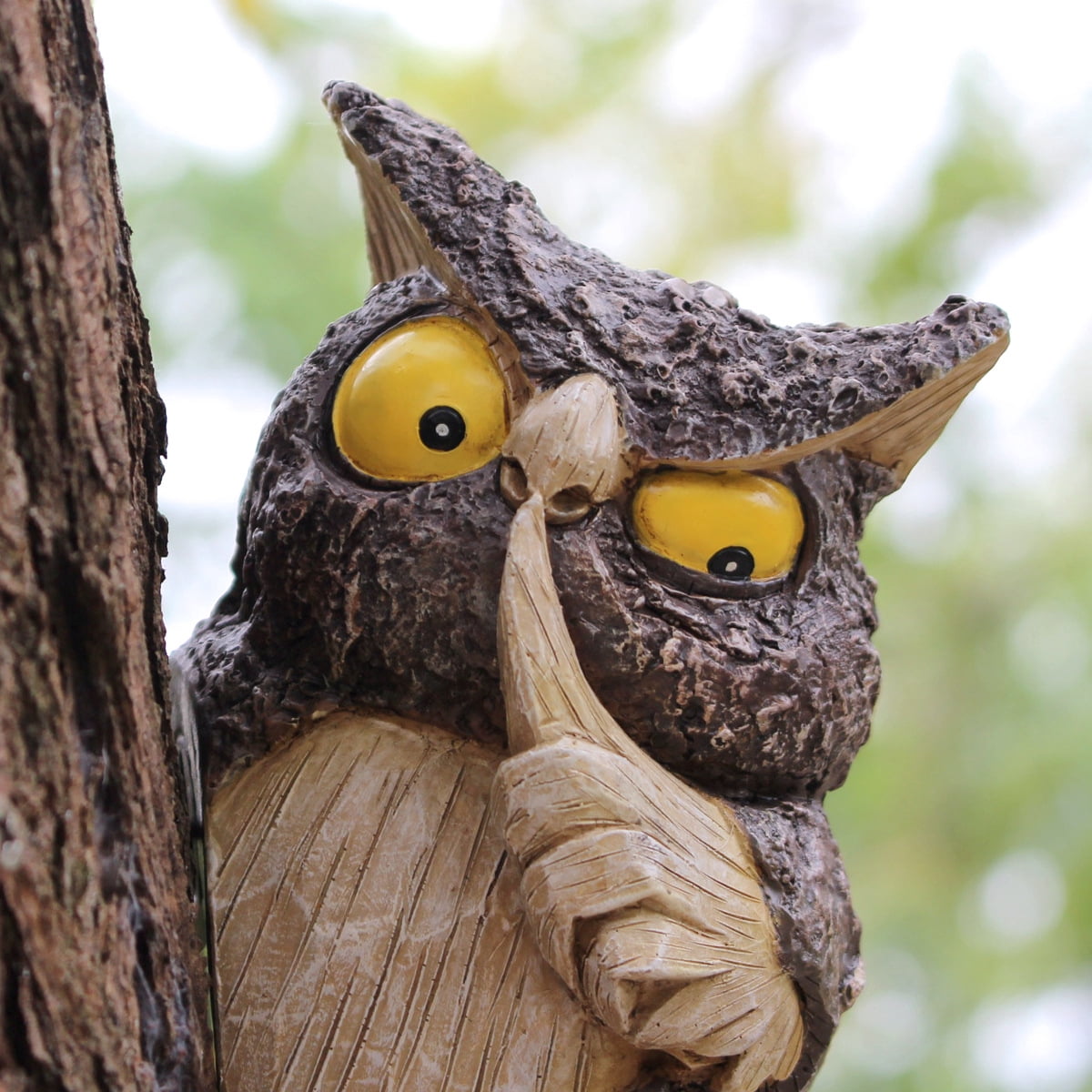 Owl Tree Hugger, Funny Keep Quiet Owl Statue Outdoor Tree Face Decor, Resin Tree Sculpture Garden Peeker Yard Art Ornaments, Housewarming Gift