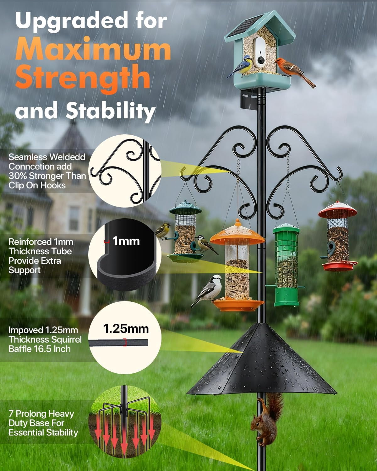 Smart Bird Feeder Pole Stand - 92 Inch Heavy Duty Bird House Pole with Squirrel Proof Baffle Shepherd Hooks for Outdoor - Adjustable Bird Feeding Station for Hanging Feeders Plants Wind Chimes