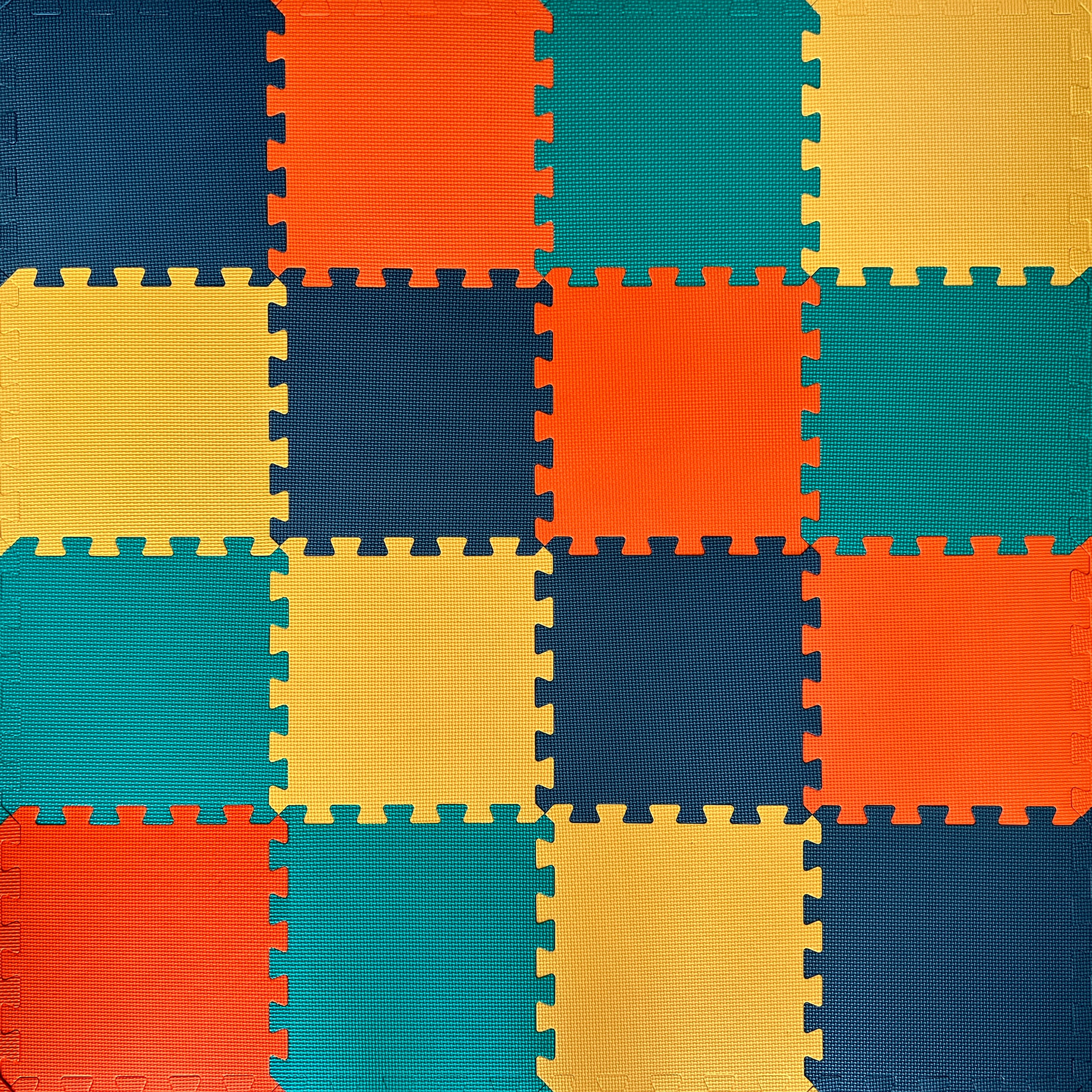 MioTetto Non-Toxic Foam Play Mat for Babies & Kids, Interlocking Puzzle Tiles, Cobalt-Apricot-Pine-Gold, 18 Pieces – Perfect for Tummy Time, Crawling, Nursery, Playroom, or Gym